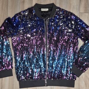 Anna Kaco Sequin Bomber Jacket in Blue and Purple Size M Womens